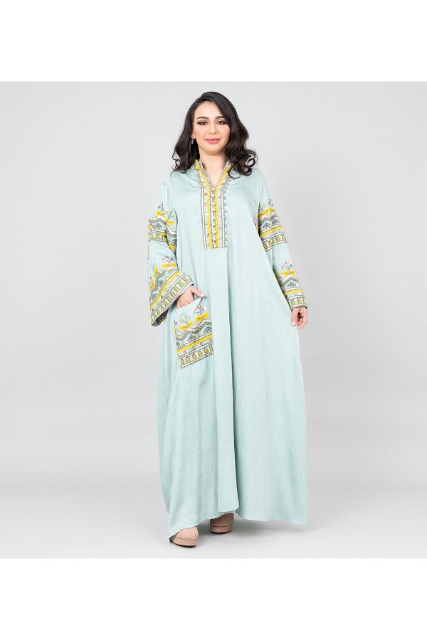 IKKXA-Solid Embroidery Jalabiya with Pocket 1