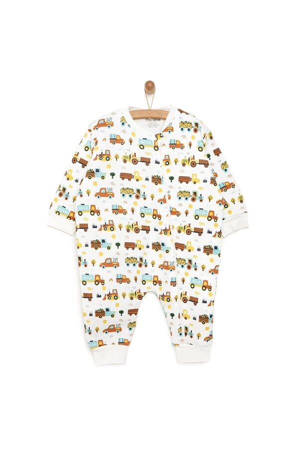 ebebek Hello Baby Erkek Bebek Uyku Tulum Araba Desenli İnterlok Fermuarlı 2 Tog Bisiklet Yaka Uzun Kol Bej