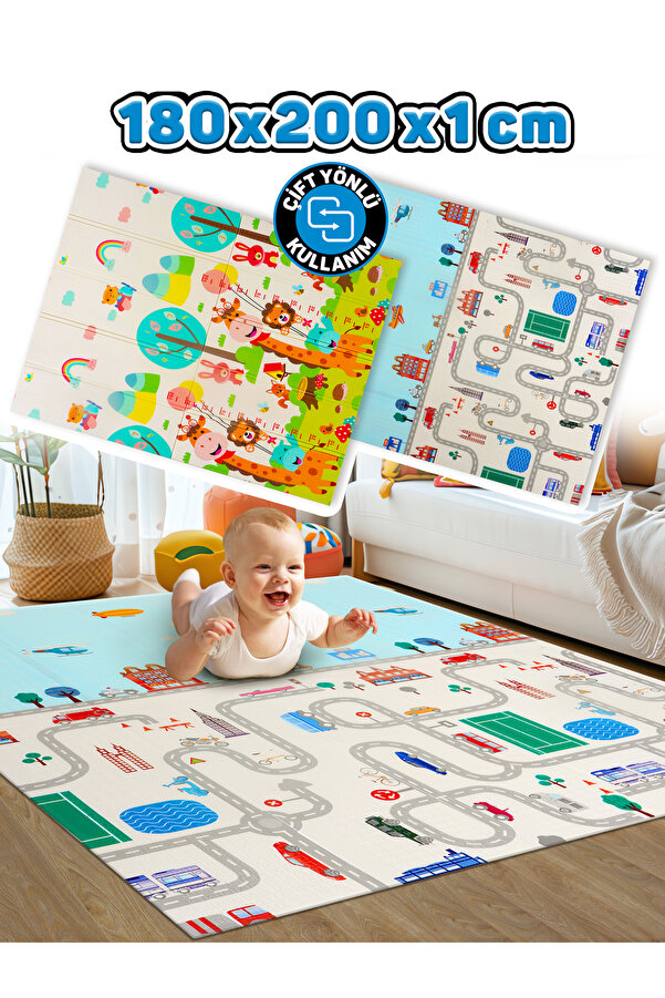 Circle Toys Neşeli Zürafa+Taşıtlar,Katlanabilir Çocuk Oyun Halısı–Ekstra Large-180X200X1 cm-Taşıma Çantalı