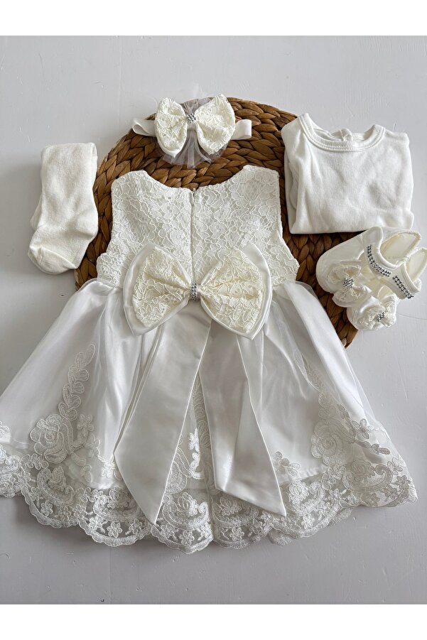 PİLEKİ BABY Kız Bebek Yenidoğan  Gelinlik Prenses Elbise 5 parça Mevlütlük Set Uzun Kollu Dantelli Elbise
