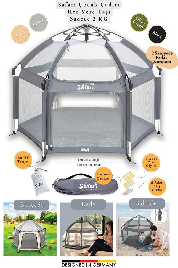 Kiwi Safari Çocuk-Bebek Oyun Parkı Çadırı +50 UV Korumalı,Kolay Kurulum,Alüminyum Sağlam Gövde - Gri