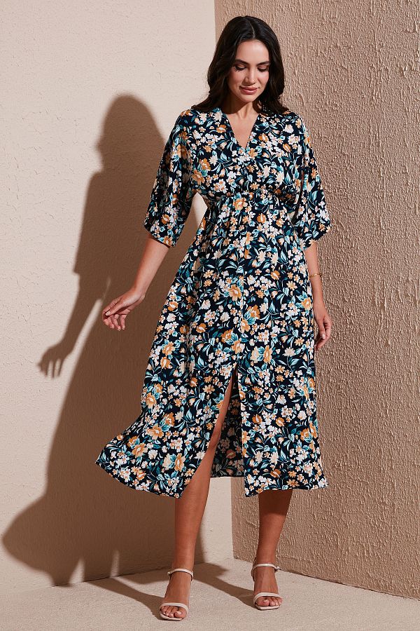 Lela-Šaty Regular Fit s výstřihem do V se vzorem Midi Délka ŠATY 67810573 1