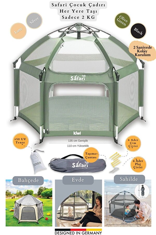 Kiwi Safari Çocuk-Bebek Oyun Parkı Çadırı +50 UV Korumalı,Kolay Kurulum,Alüminyum Sağlam Gövde - Yeşil