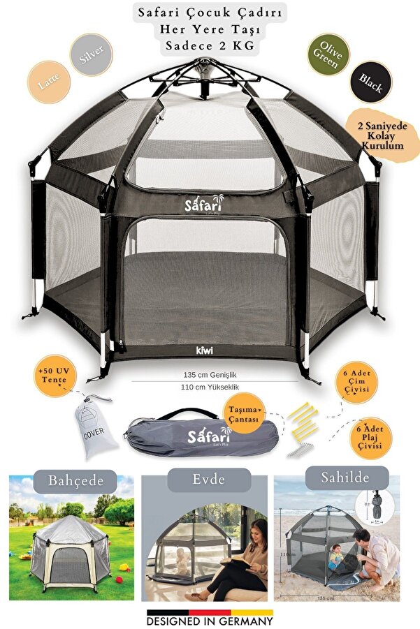 Kiwi Safari Çocuk-Bebek Oyun Parkı Çadırı +50 UV Korumalı,Kolay Kurulum,Alüminyum Sağlam Gövde- Siyah