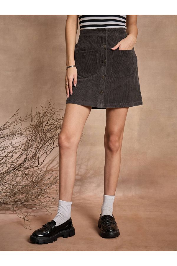 Sassafras By Styli-Corduroy Button Front A-Line Mini Skirt 1