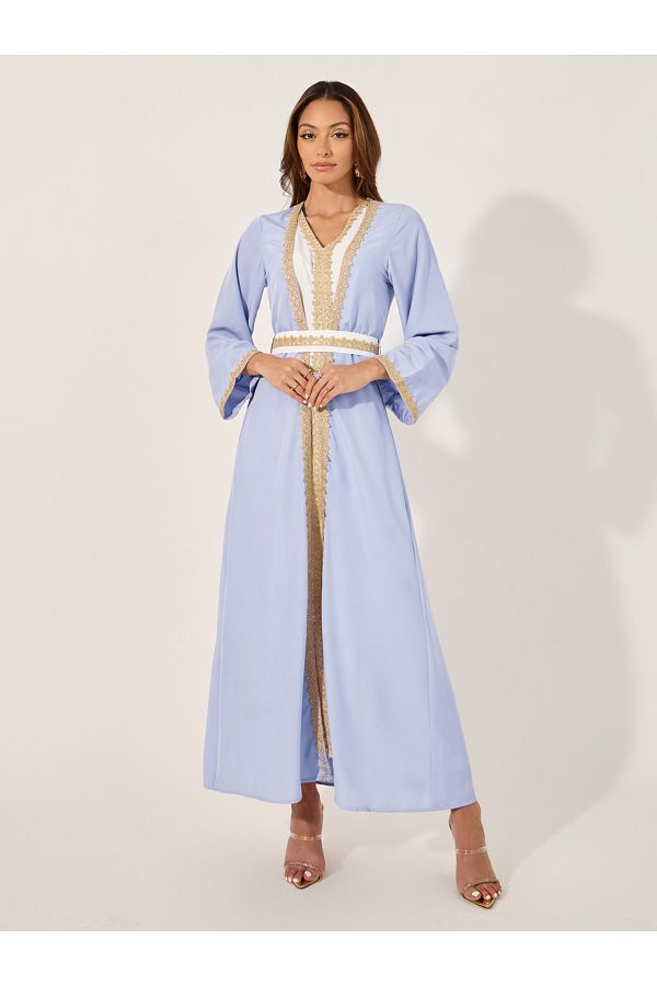 Styli-Mesh Insert V-Neck Lace Detail Belted Kaftan 1