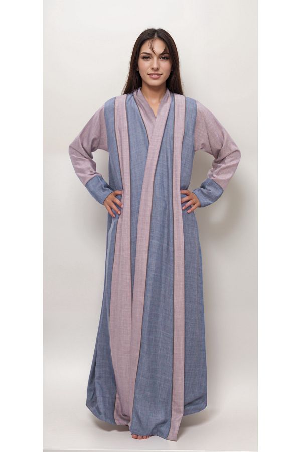 Generic-Multi-colored linen abaya with rectangular linings along the length of the abaya made of the same fabric 1