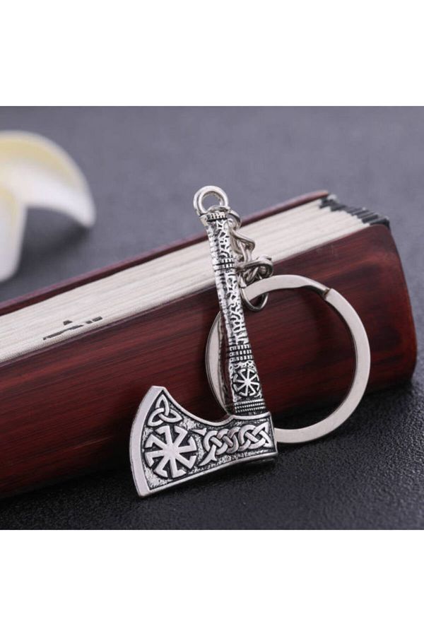 Viking-Scandinavian Valknut Triquetra Kolovrat - Axe Steel Keychain with Nordic Figure and Symbol Detail 1