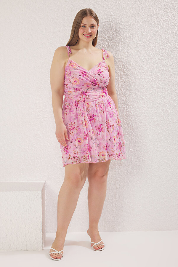 Trendyol Curve Plus Size Pink Floral Print Tulle Skater Mini Dress