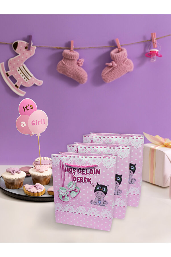 Parti Atölyesi 25 Adet 14-17-6 CM Ölçüsünde Kartondan Pembe Baby Çanta Doğum Odası Süslemesi