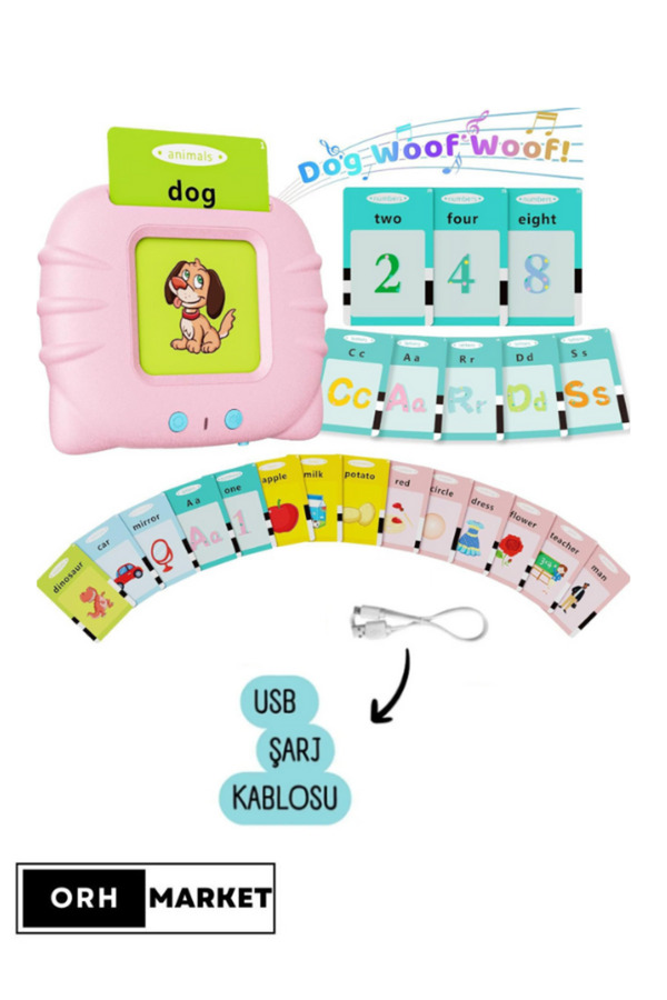 ORH Market Pembe Renkli Ingilizce Sesli Flash Kart Seti – Yırtılmaz Eğitim Kartları, Şeffaf Koruyucu Kılıflı