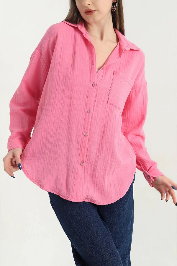 vuvutasarım-New Season Pink Muslin Single Pocket Women's Shirt 1