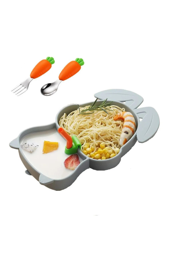 GÜLÜMSE BEBEK Vakumlu Silikon Mama Tabağı, Silikon Saplı Metal Uçlu Çatal Ve Kaşık ( Tavşan Figürlü )