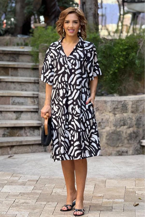 Nevin Kaya Moda-Rochie din viscoză din bumbac 100% guler de cămașă cu model Lal alb-negru 1