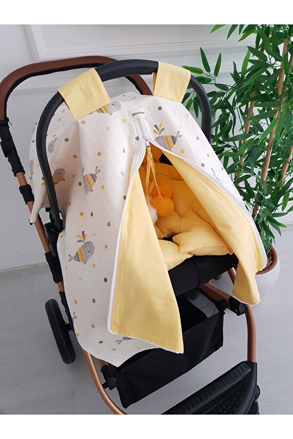 ib ilkimbebe Balinalı Ponponlu Çift Katlı Fermuarlı Bebek Puset Örtüsü ve Çift Taraflı Bebek Puset Minderi