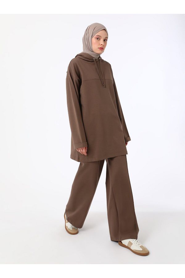 Refka-Hooded Tracksuit Set with Stitching Detail - Bitter Brown - Basic 1