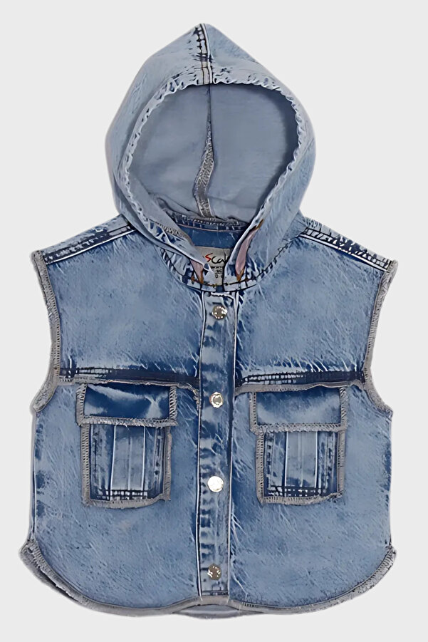 Escabel Kapüşonlu Kot Kız Bebe Yelek - Mavi