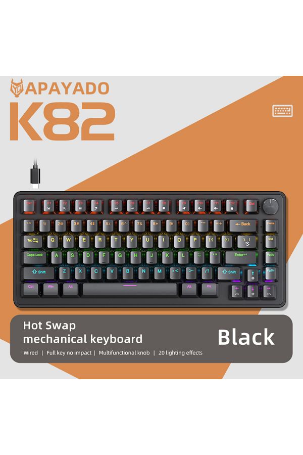 Choice-blue switch Black K82 Mechanical Wired Keyboard with Media Knob, APAYADO Hot Swap Gaming Keyboard, T 1