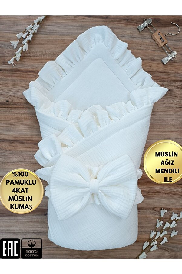 Tomuycuk Beyaz 4 Kat Müslin Bebek Battaniyesi Doğal Organik Uyku Kundağı Hastane Çıkışı Yenidoğan Mevsimlik