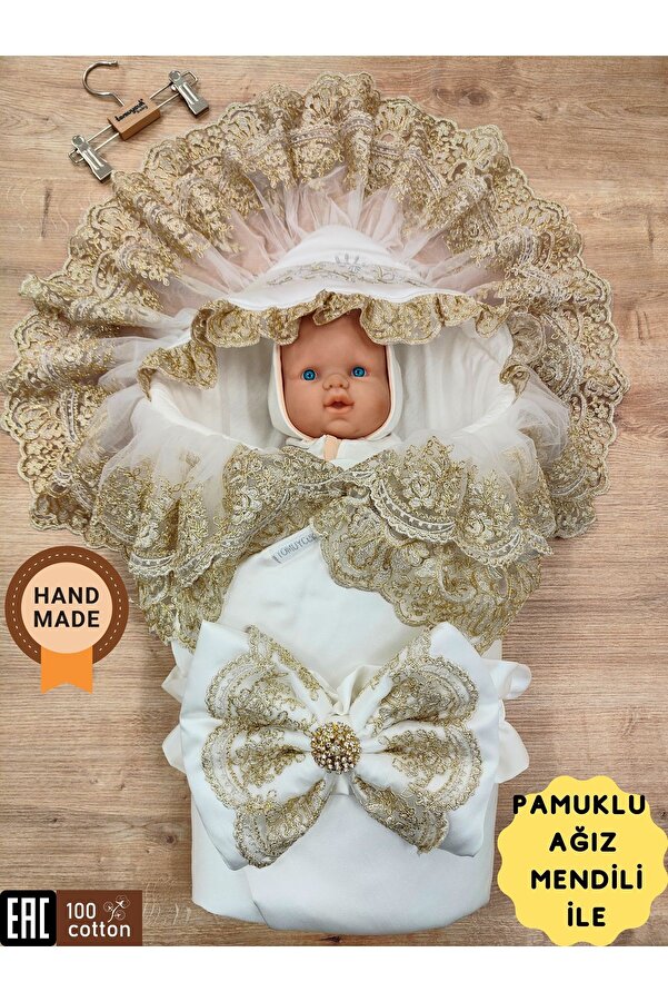 Tomuycuk Dantelli Kız Erkek Bebek Battaniyesi Kundağı Mevlütlük Pamuklu Hastane Çıkışı Yenidoğan Hediyelik