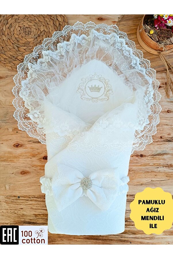 Tomuycuk Ekru Kız Erkek Bebek Battaniyesi Kundağı Dantelli Mevlütlük Yenidoğan Hastane Çıkışı Mevsimlik