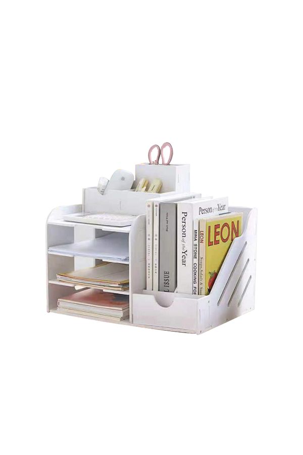 KidLe-4 Tier Office White Desktop Organizer A4 Paper File Rack with Vertical Horizontal File 1