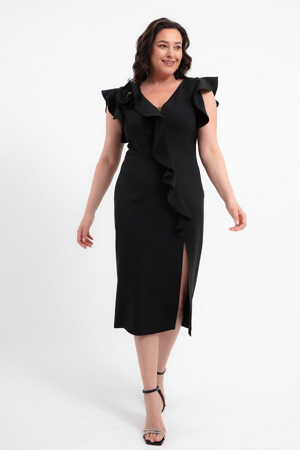 Lafaba-Women's Black Rose Detail Slit Plus Size Midi Evening Dress 1