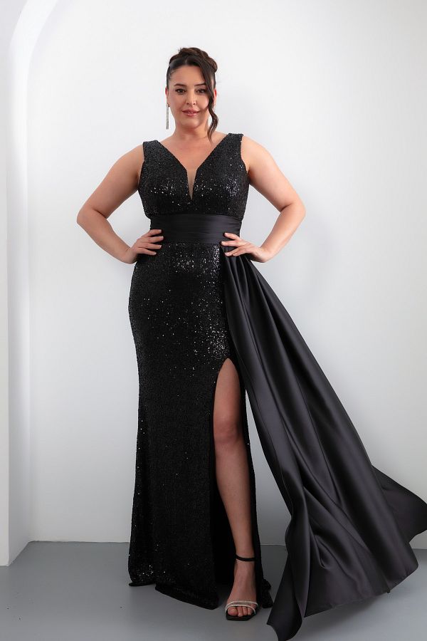 Lafaba-Women's Black Waist Draped Sequin Sequin Long Plus Size Evening Dress 1