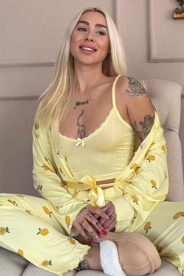 Pijamaevi-Yellow Citrus Charm Patterned Marlenka Pajama Set with Dressing Gown 1