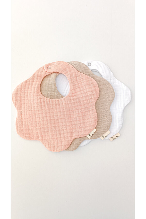 O&G Collection 3'lü Pudra,Bej,Byz %100 Pamuklu Organik 8 Katlı Müslin Bebek Salya Önlüğü /Yakalık/ Nikel Free Çıt