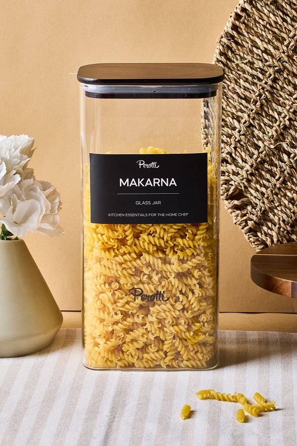 Perotti-Peyton Acacia Lid Borosilicate Rectangular Glass Jar 1800 ml 8X12X25 cm 4 Pieces with Labels 1