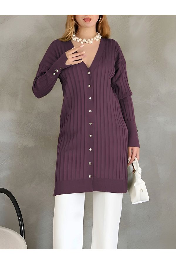 Modamorfo-Cardigan din tricot cu nasturi metalice - Roșu Claret 1