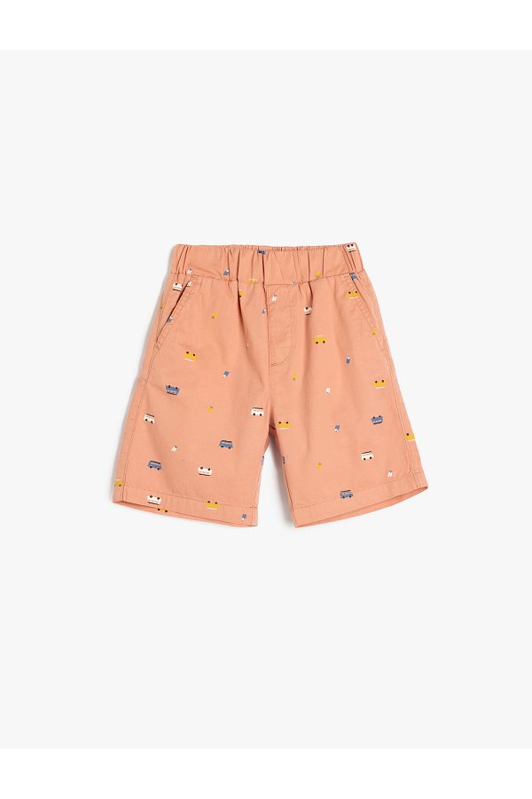 Koton-Cotton Car Patterned Shorts with Elastic Waist and Pockets 1