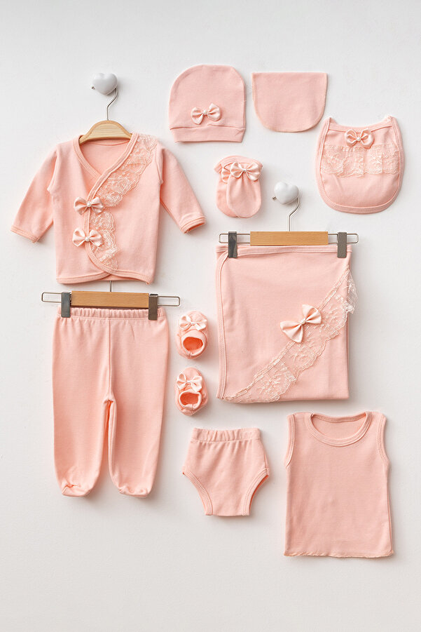 Ponpon Baby Hastane Çıkışı 10'lu Dantel Detaylı Fiyonklu Pamuklu Hediyelik Lüx Set