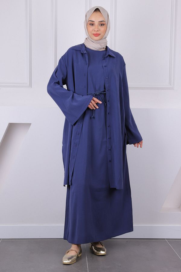 İmajButik-Set combinat rochie tunică cu șnur cu talie bleumarin 1