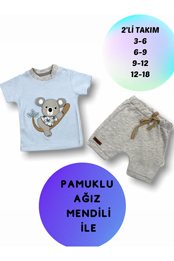 Tomuycuk 2'li Mavi Erkek Bebek Çocuk Kısa Kol Şortlu Takım Yavru Koala 3-6-9-12-18 Ay Bebek Kıyafetleri Giyim