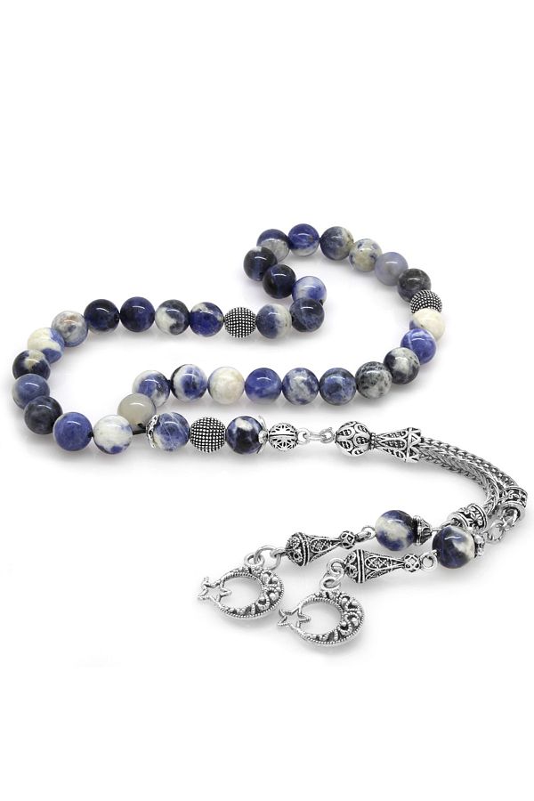 Tesbihane-Non-Tarnish Metal Crescent and Star Tasseled Globe Cut Sodalite Natural Stone Rosary 1