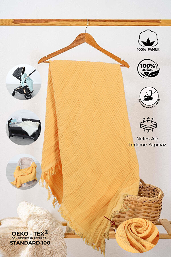 Huggy Hardal Sarısı 4 Katlı %100 Pamuk Müslin Battaniye – 100x130 Bebek Örtüsü