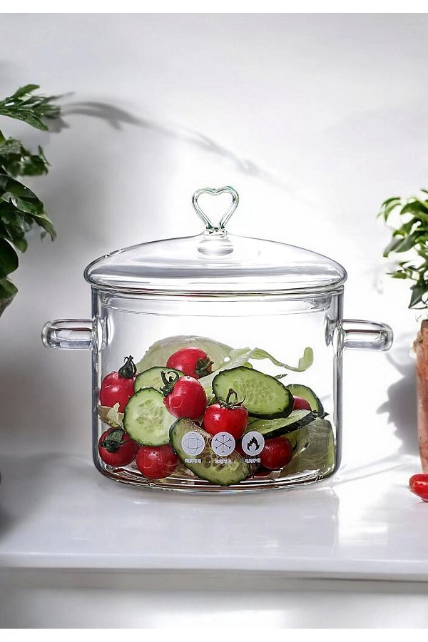 Tilbe Home-1900 ml Borosilicate Clear Pot with Handle - Heart Figured, Heat Resistant Stovetop 1