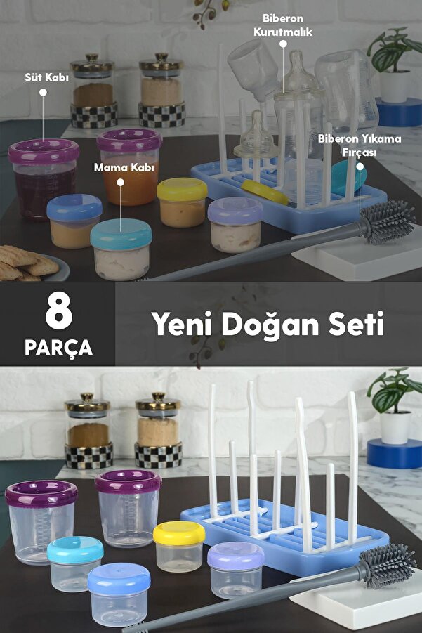 Hayveyshome 8 Parça Süt,Mama Saklama Kabı Biberon Kurutucu Ve Şişe,Biberon Temizleme Fırçası Yeni Doğan Erkek Be