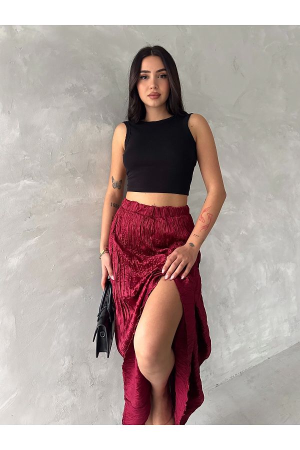 Kayaka triko-Pleated Crinkled Satin Skirt 1