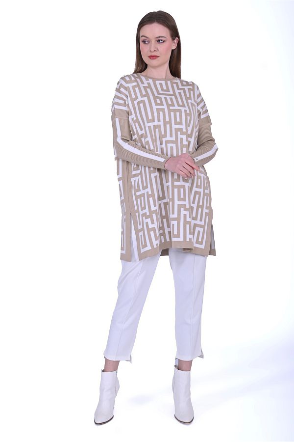 Invee-6872 Model Labyrinth Patterned Camel Knitwear Tunic 1