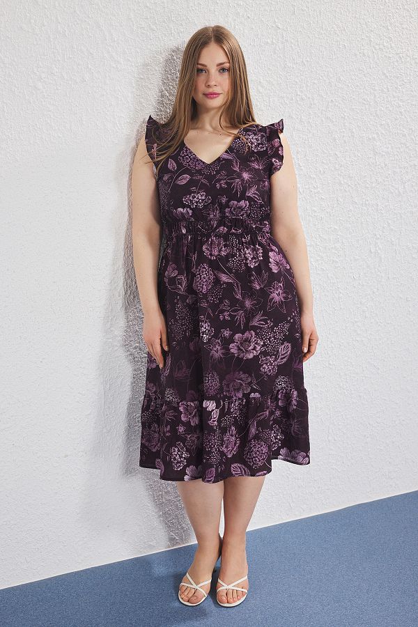 Trendyol Curve-Μωβ Midi Floral Αμάνικο Εθνικό Φόρεμα Μεγάλο Μέγεθος TBBSS25AH00213 1