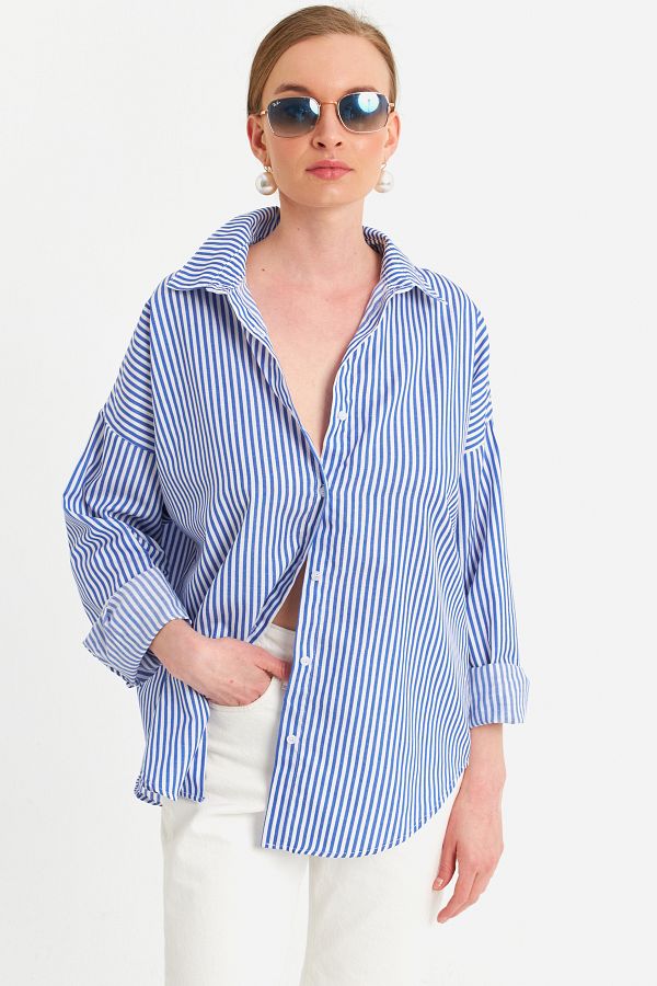 Cool & Sexy-Ecru-blaues gestreiftes Damenhemd ZER425 1