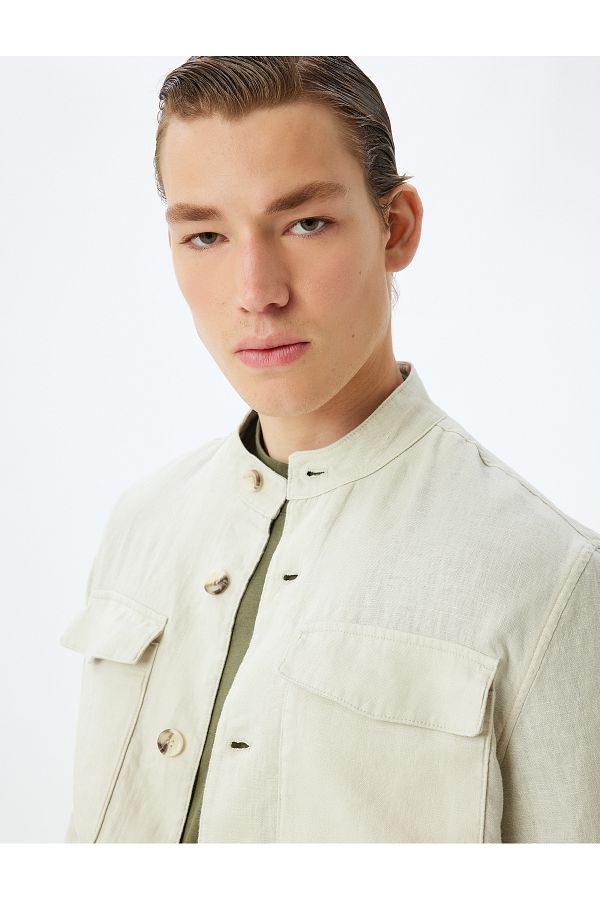 Koton-Judge Collar Linen Jacket - Clamshell Pocket and Buttons 1