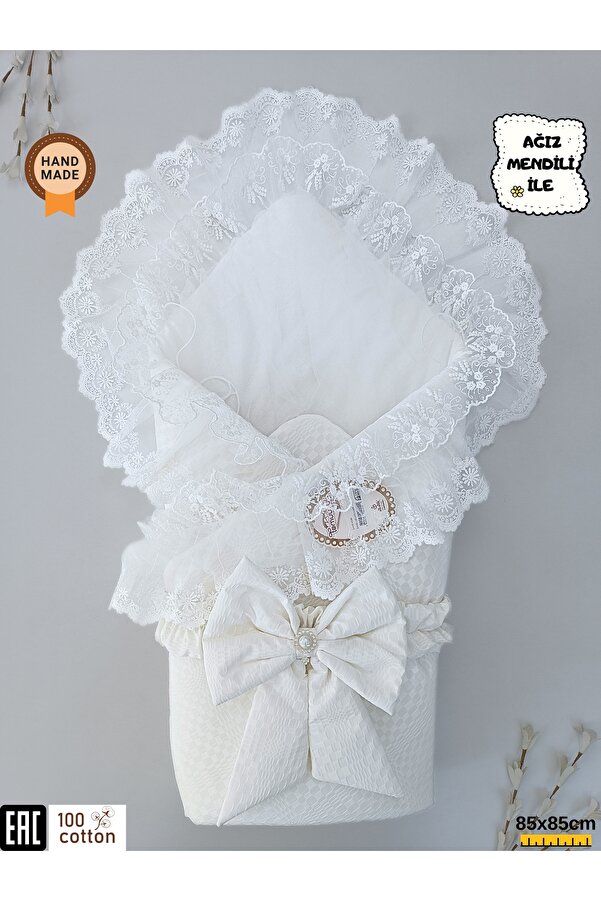 Tomuycuk Ekru Kız Erkek Bebek Battaniyesi %100 Pamuklu Doğal Organik Uyku Kundağı Hastane Çıkışı Yenidoğan