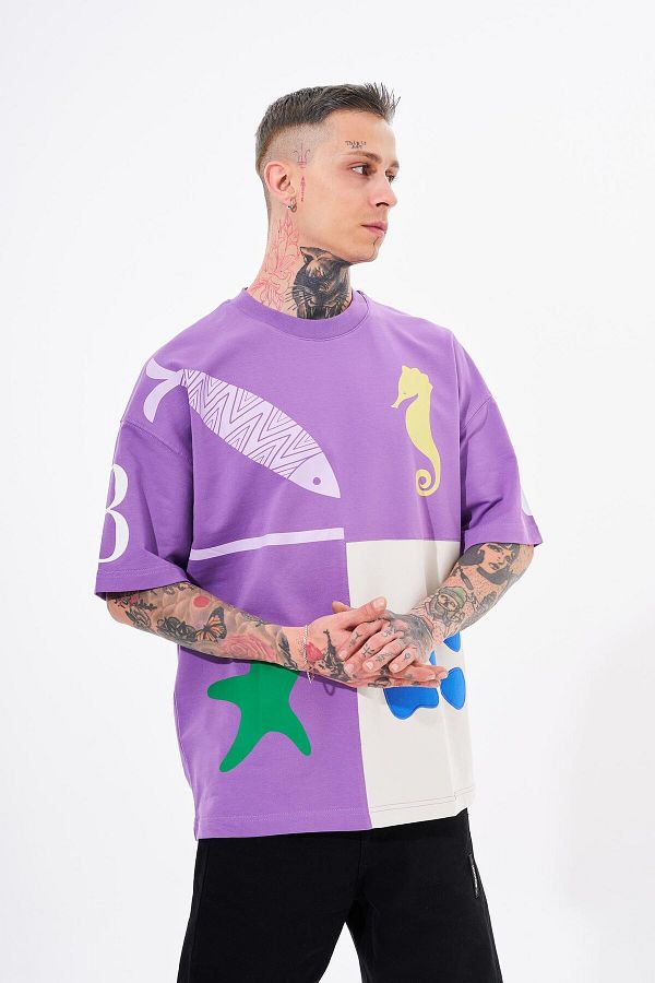 Machinist-Men's 87 Sea Shells Printed Oversize Purple Gray T-Shirt 1