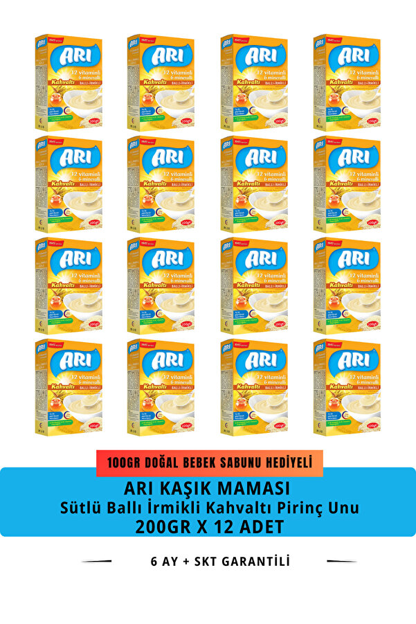 Arı Mama Kaşık Maması 12 Vitaminli 6 Minarelli, Sütlü Ballı Irmikli Pirinç Unu 200gr X 12 Adet-koli