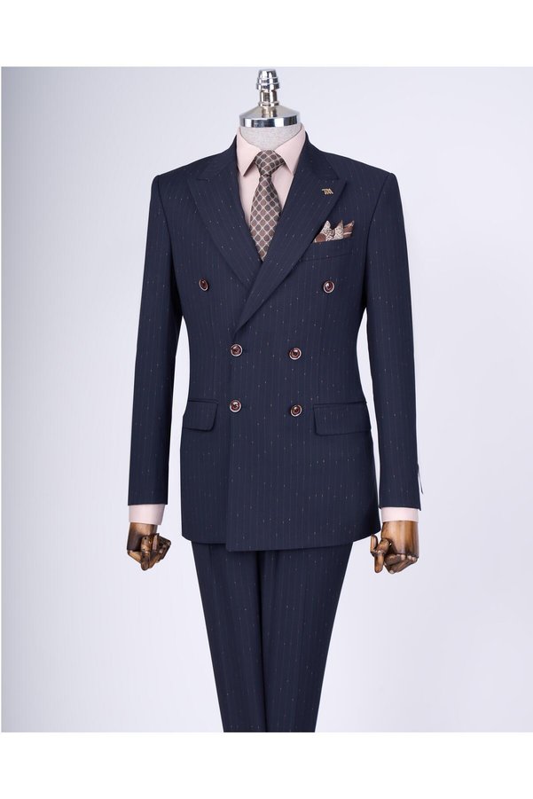 TerziAdemAltun Italian Style Slim Fit Striped Double-Breasted Jacket Pants Suit Navy T9501
