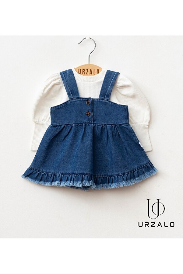 Little Baby URZALO Püsküllü Kız Bebek Kot Jile Elbise %100 Pamuk Likralı Ribana Balon Bluz Lüks Jean